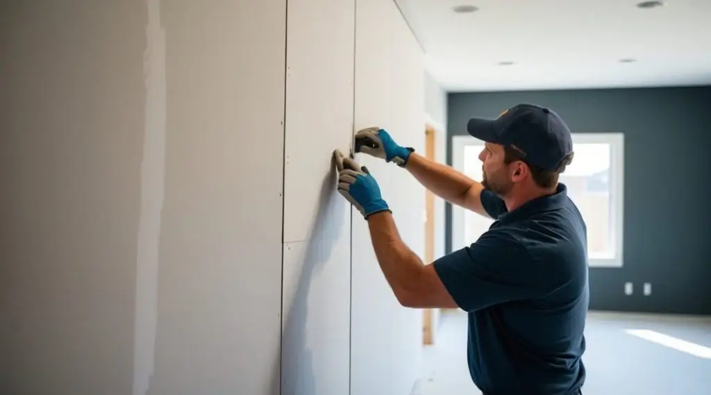 Drywall contractor reviewing a completed living room wall ready for homeowner walkthrough