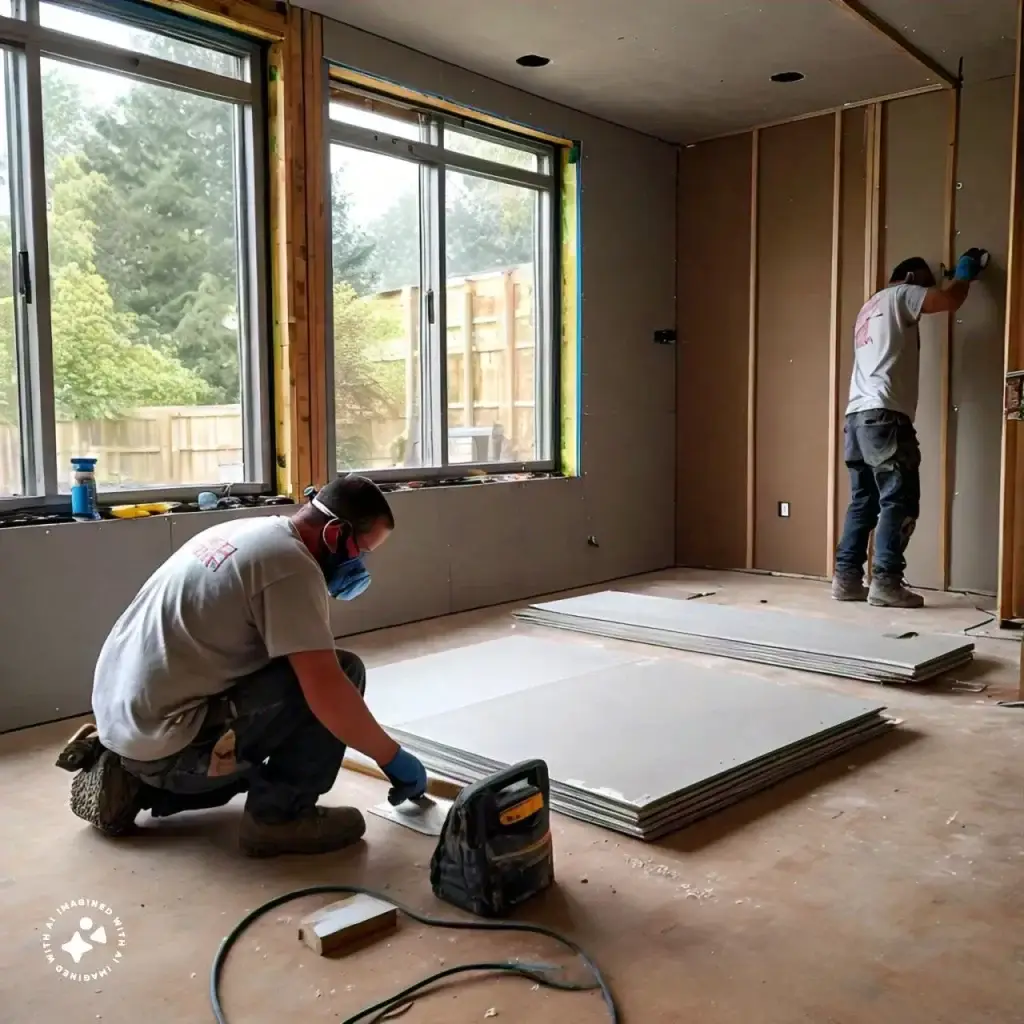 Contractor inspecting a drywall panel with a measuring tool before installation